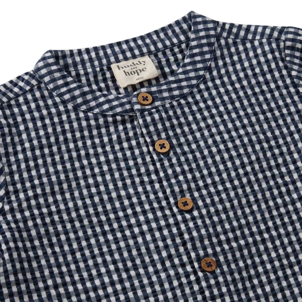 August LS Skjorta Seersucker Navy Check
