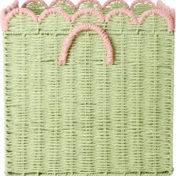 Large Paper Rope Hopfällbar Korg Med Kammusslankant Green With Soft Pink