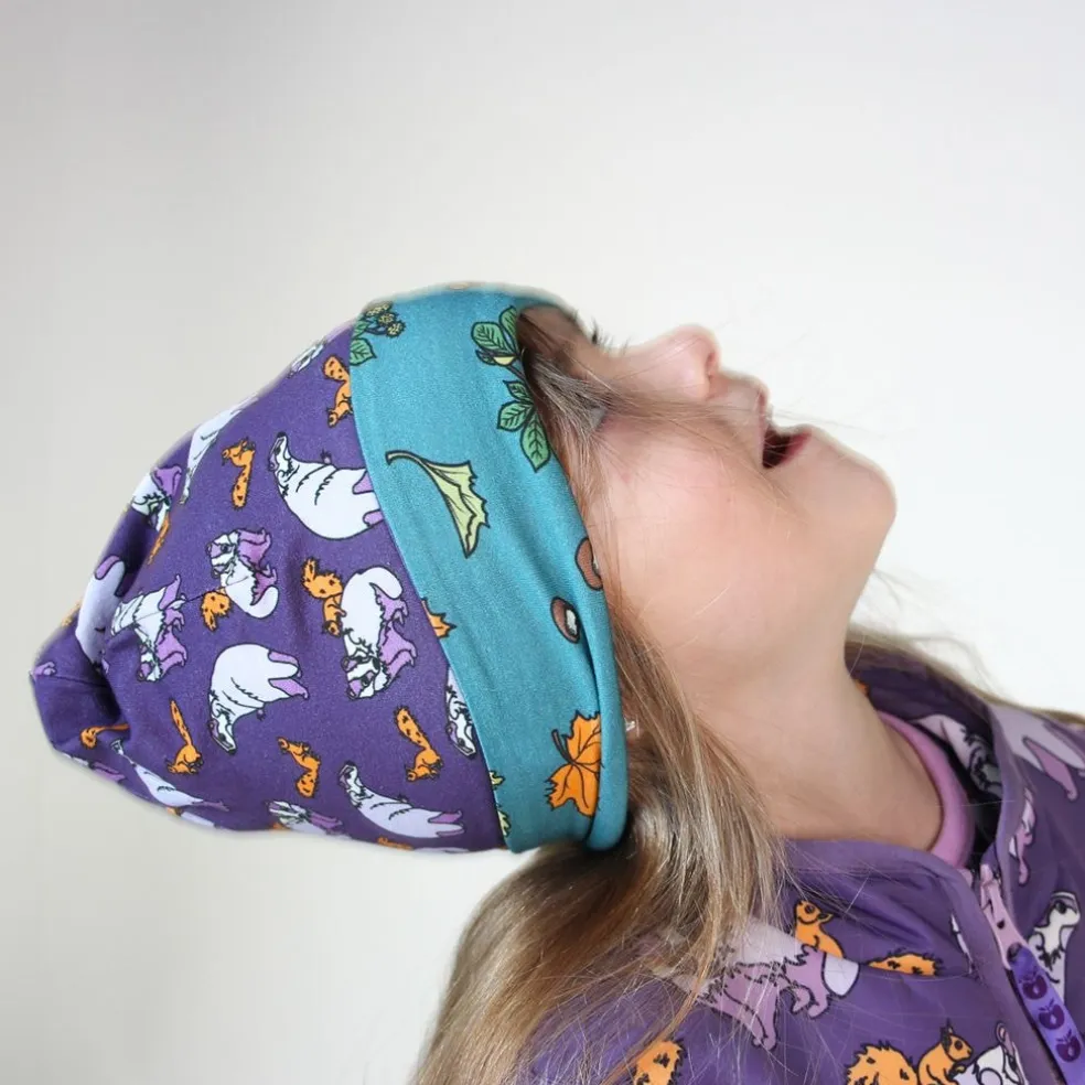 Reversible beanie with badger, fox and Fall leaves Loganberry