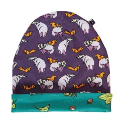 Reversible beanie with badger, fox and Fall leaves Loganberry