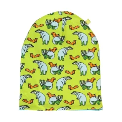 Reversible beanie with badger, fox and Fall leaves Pear Green
