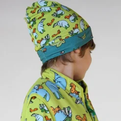 Reversible beanie with badger, fox and Fall leaves Pear Green