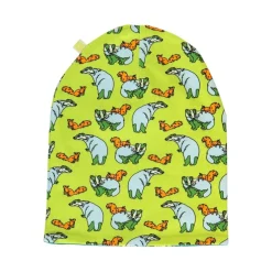 Reversible beanie with badger, fox and Fall leaves Pear Green