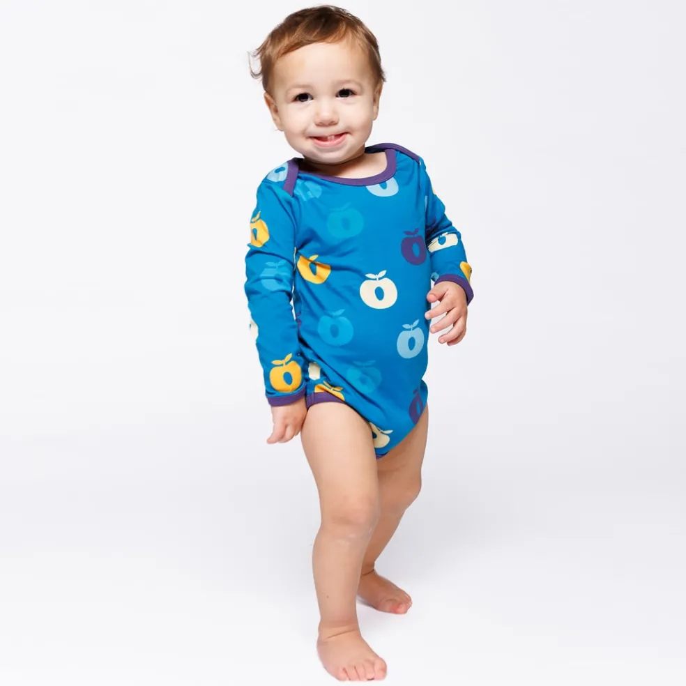 Ulm Long-Sleeved Baby Body with Apples Solid blue